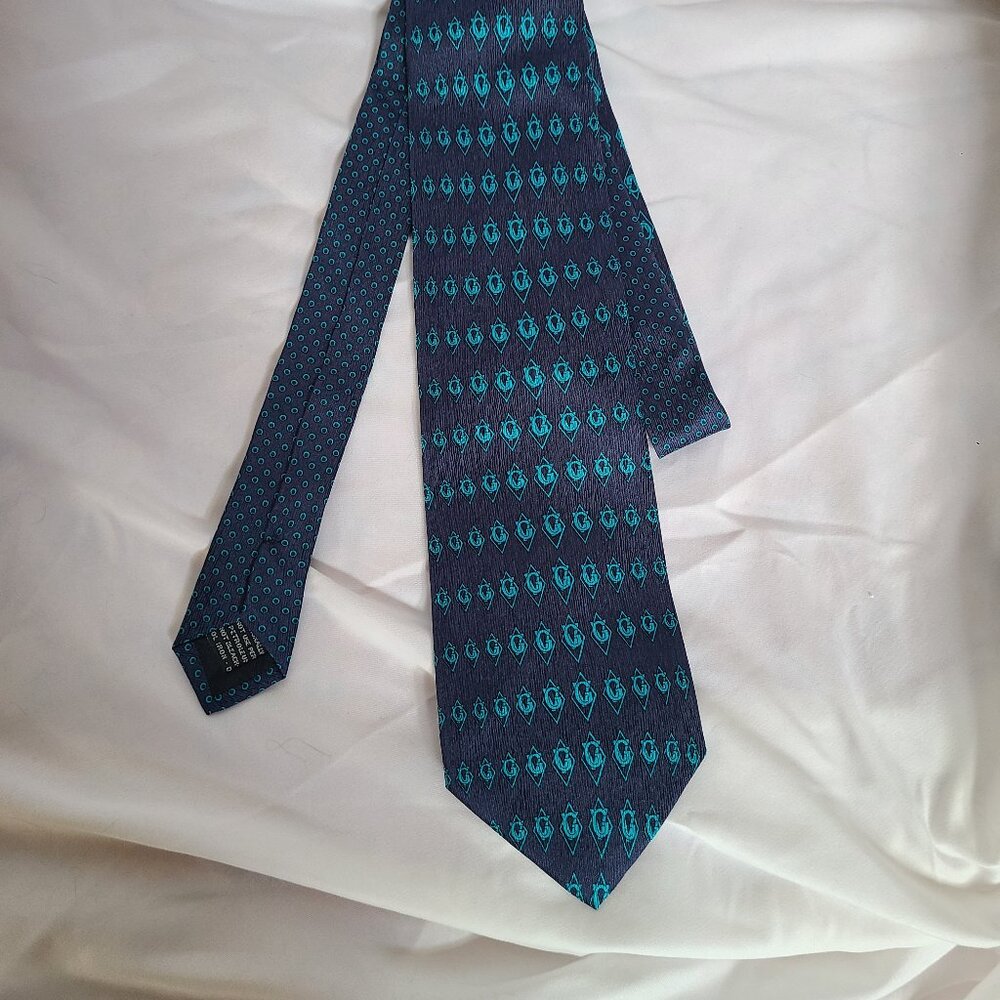 GIANNI VERSACE Men's 100% Silk Necktie ITALY Luxury Monogram Navy Turquoise